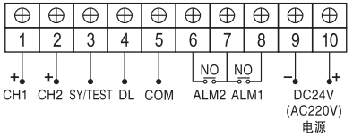 單臺(tái)雙路閃光報(bào)警儀接線圖 單臺(tái)雙路閃光報(bào)警儀接線圖