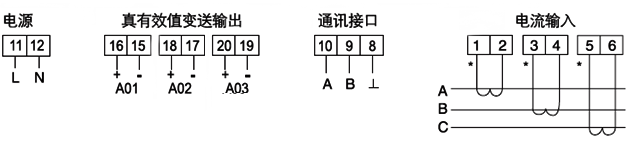 YR-BS4I3三相電流變送器接線圖 YR-BS4I3三相電流變送器接線圖