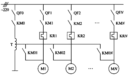 PLC自耦變壓器控制多臺(tái)電動(dòng)機(jī)主電路圖 PLC自耦變壓器控制多臺(tái)電動(dòng)機(jī)主電路圖