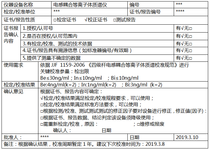 電感耦合等離子體質譜儀校準確認記錄 電感耦合等離子體質譜儀校準確認記錄