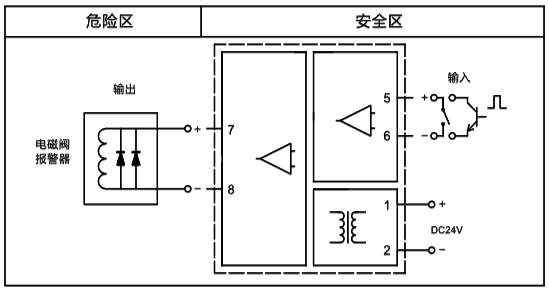 獨(dú)立供電，一入一出，開關(guān)量輸出隔離式安全柵接線圖