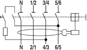 對(duì)于N極在左側(cè)的4P漏電保護(hù)開(kāi)關(guān)，測(cè)試按鈕回路是串聯(lián)在3/4-4/3和5/6-6/5兩極